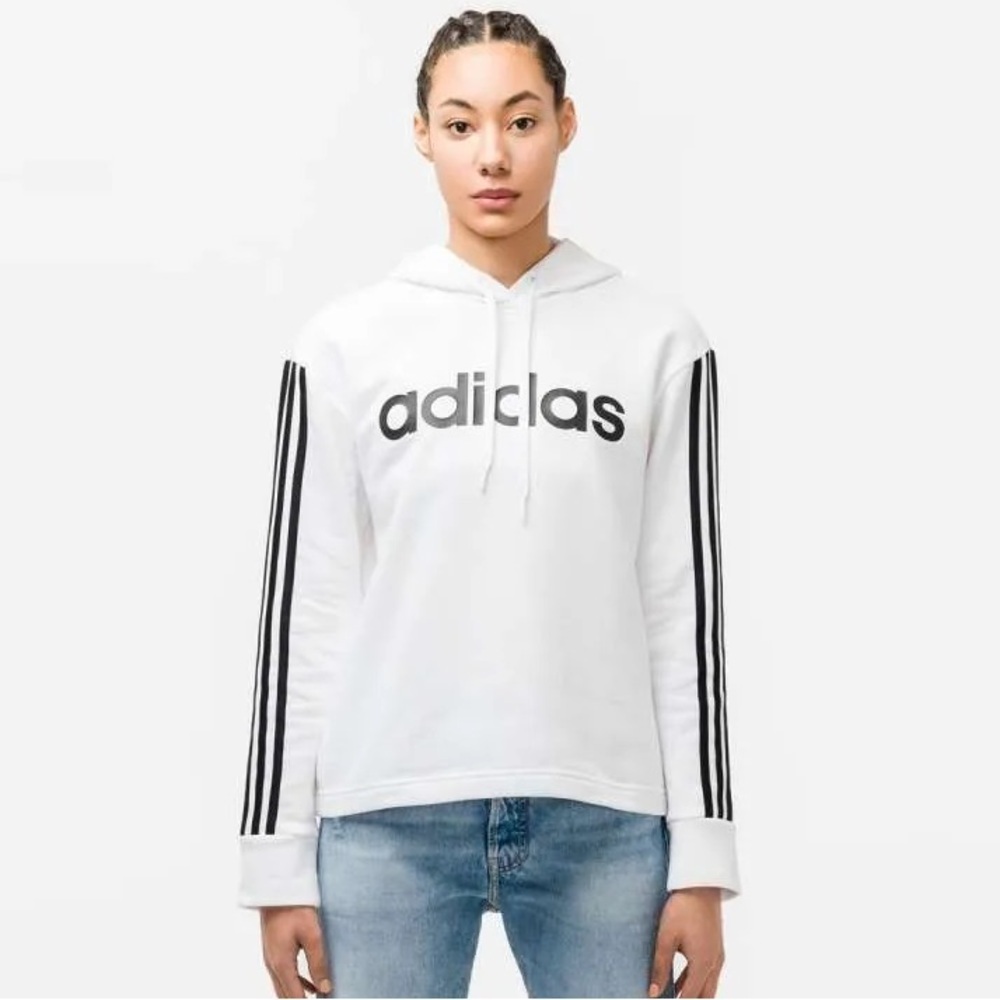 Adidas Women's White 3 Stripe Linear Fleece Hoodie Size Medium